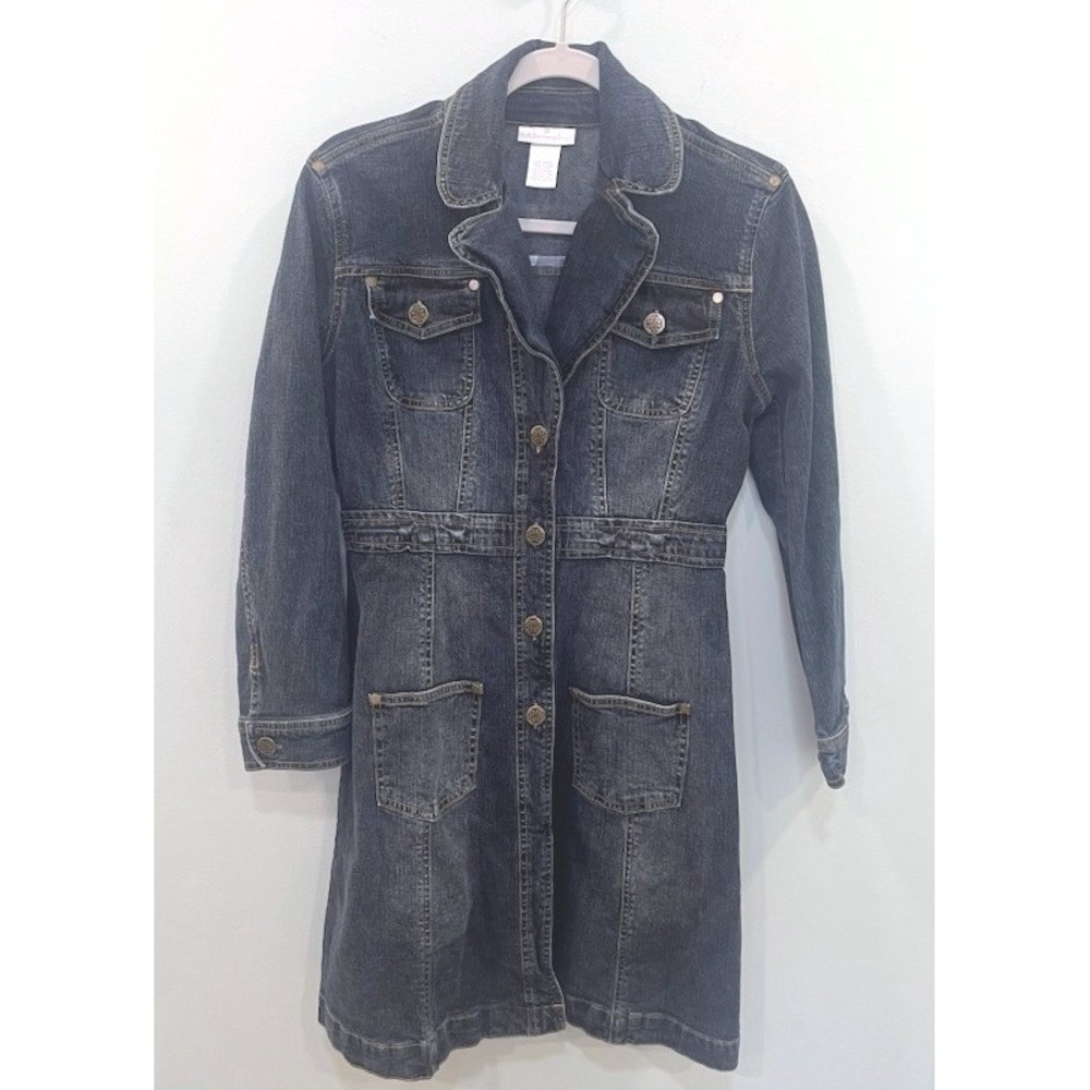 Soft Surroundings Denim Trench Coat Dress Vintage Style Long Jacket XS Petite